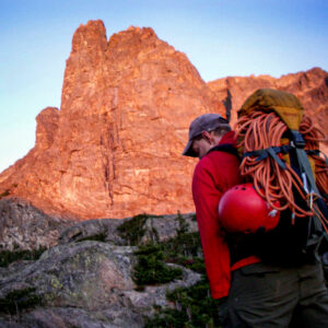 Climbers being guided up Notchtop Mountain's face in Rocky Mountain National Park.