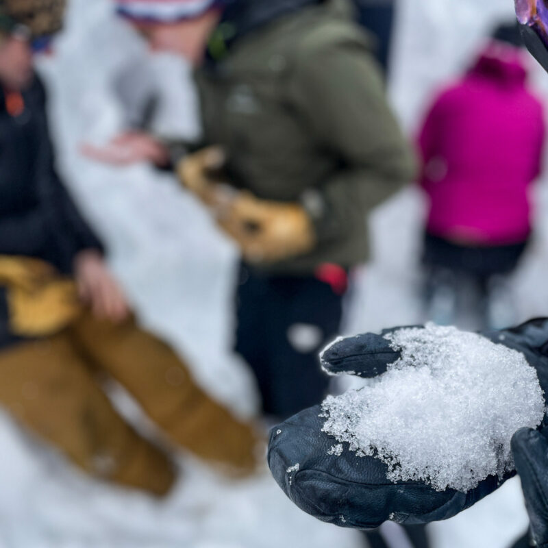 Students engaged in a group discussion about avalanche safety during AIARE Level 1 training.