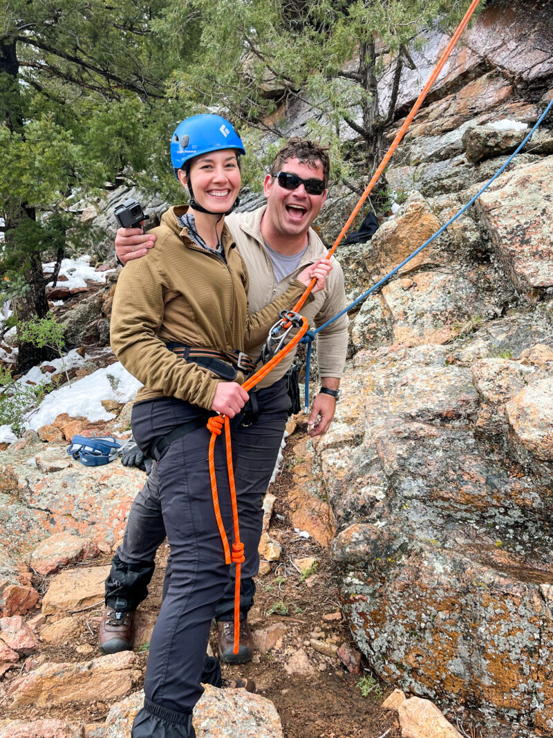 Belaying a new climber during an introductory rock climbing course.